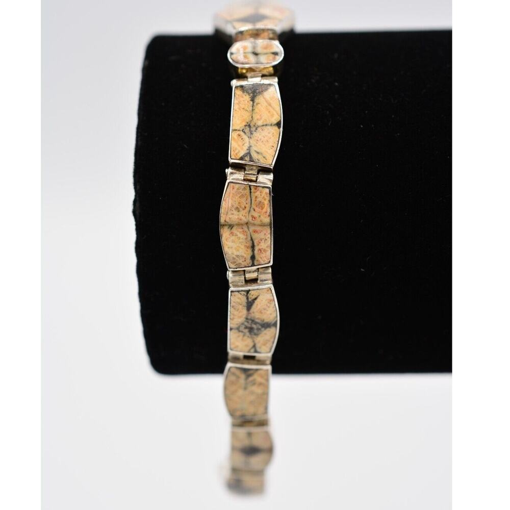 Vintage 950 Silver Bracelet Marbled Stone Inlay 14.93 Grams Tribal Signed Bin8